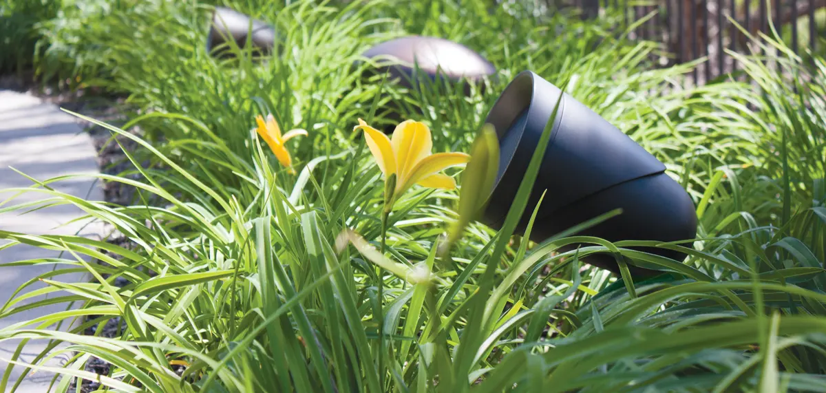 Zwei Sonance Landscape-Satelliten und ein Erdsubwoofer im Beet
